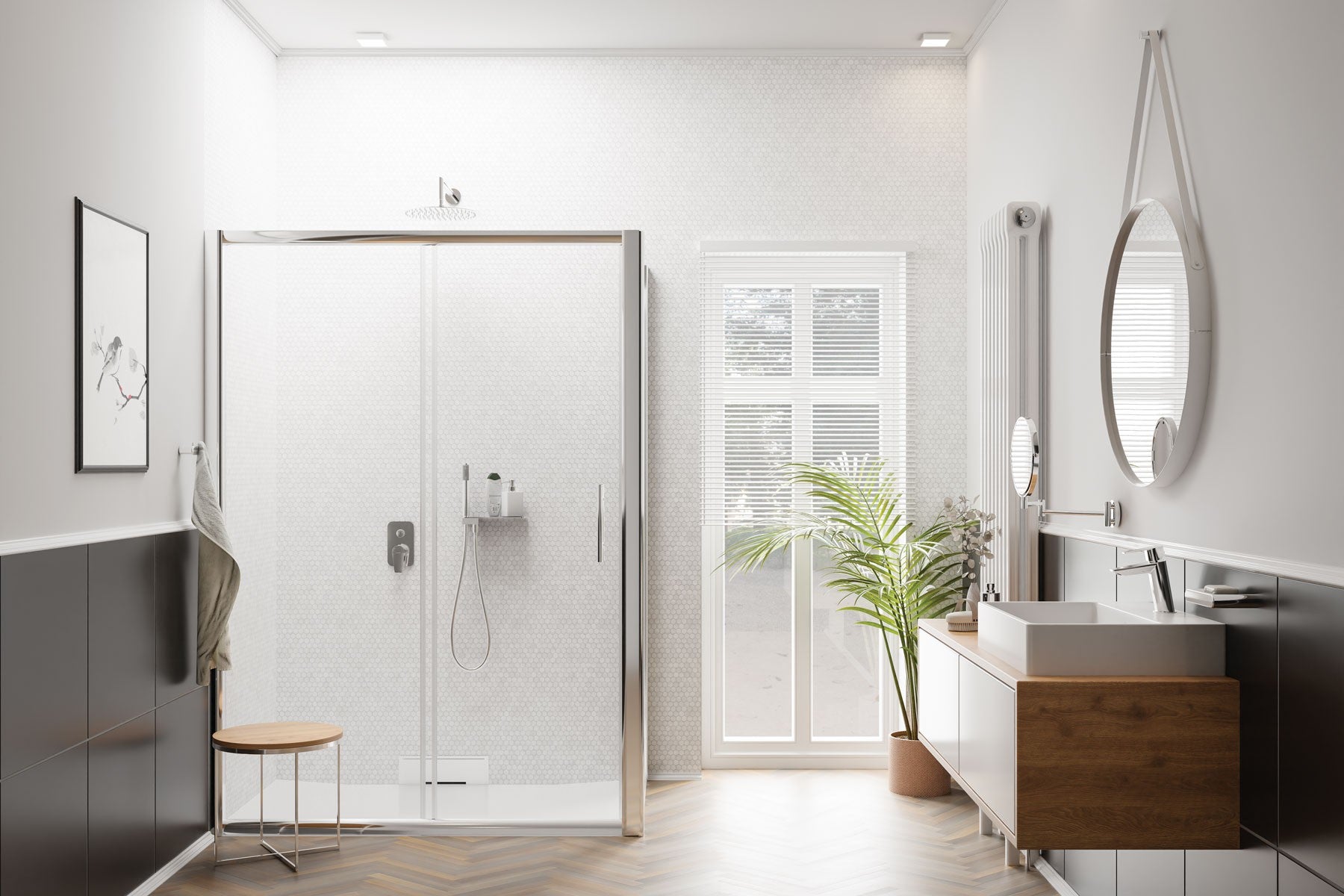 Angled hose connector, with shower set, with shelf