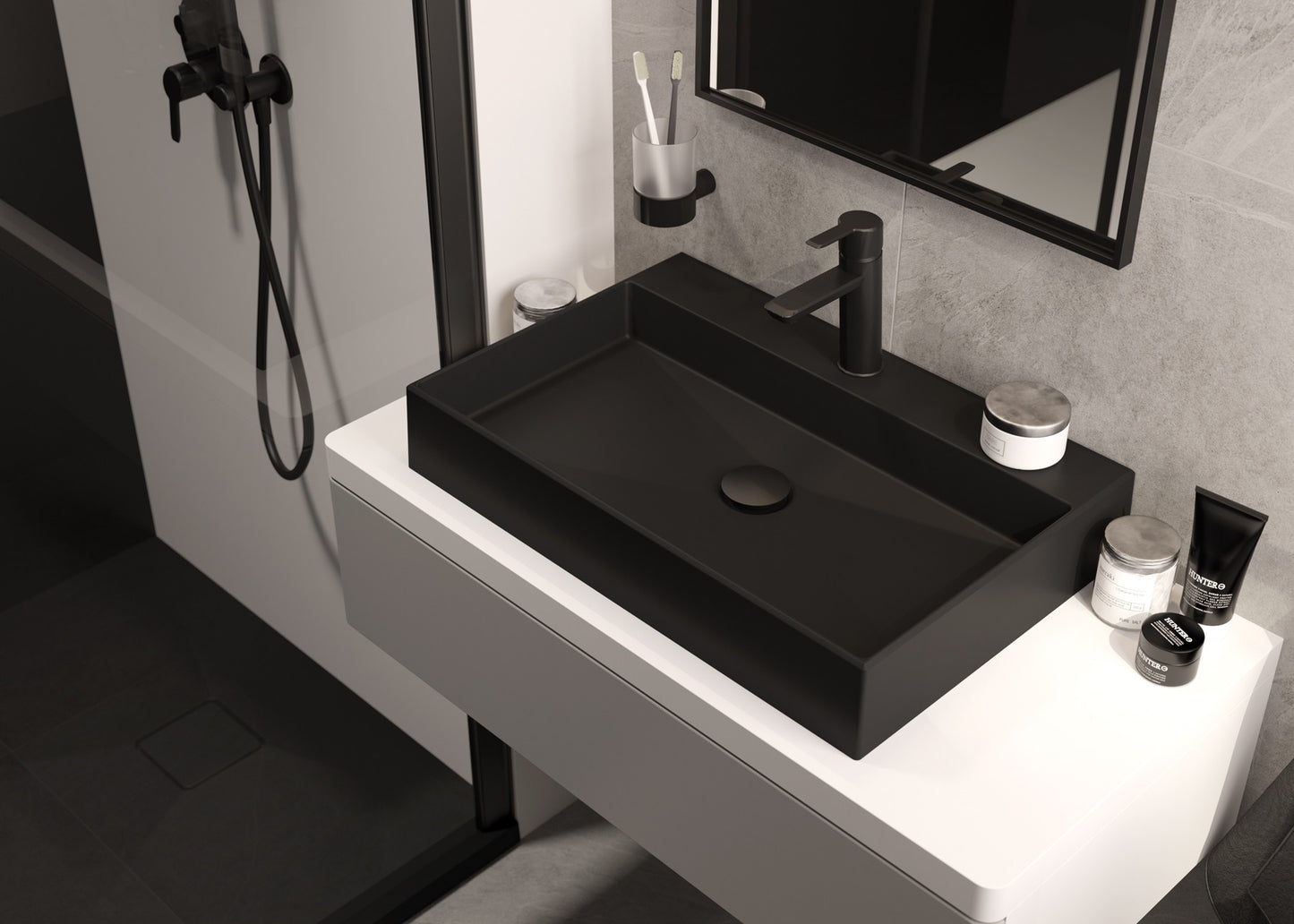 Granite washbasin, countertop, with tap shelf