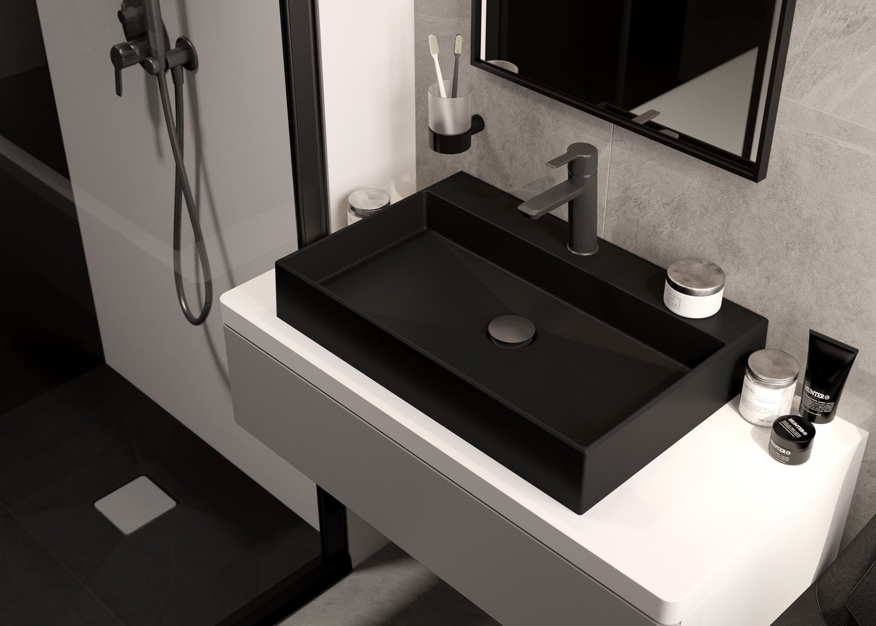 Granite washbasin, countertop, with tap shelf