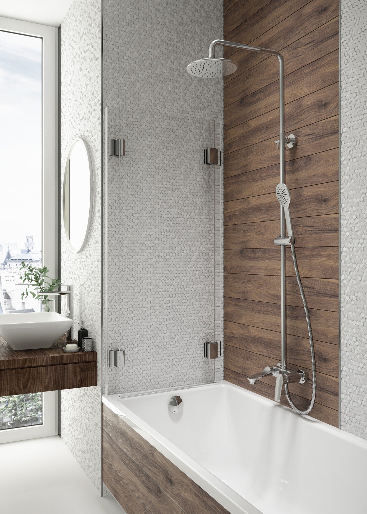 Shower column, with bathtub mixer