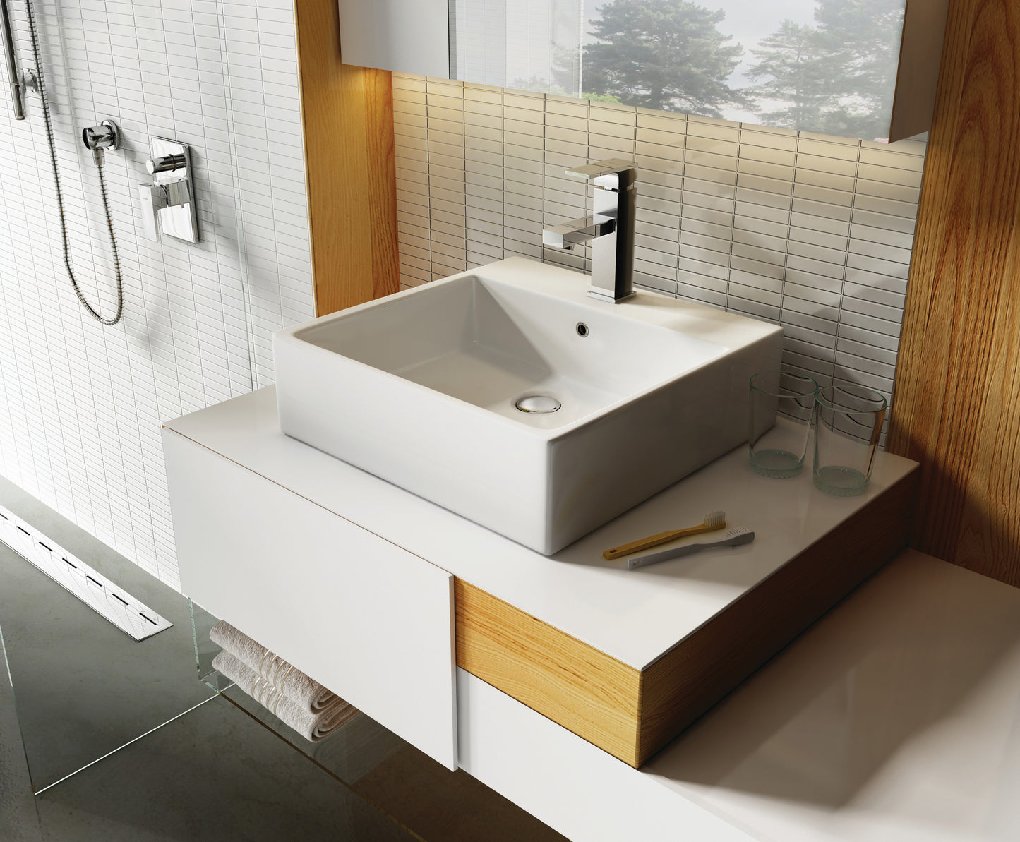 Ceramic washbasin, countertop/wall-mounted, with tap shelf - 50x50 cm