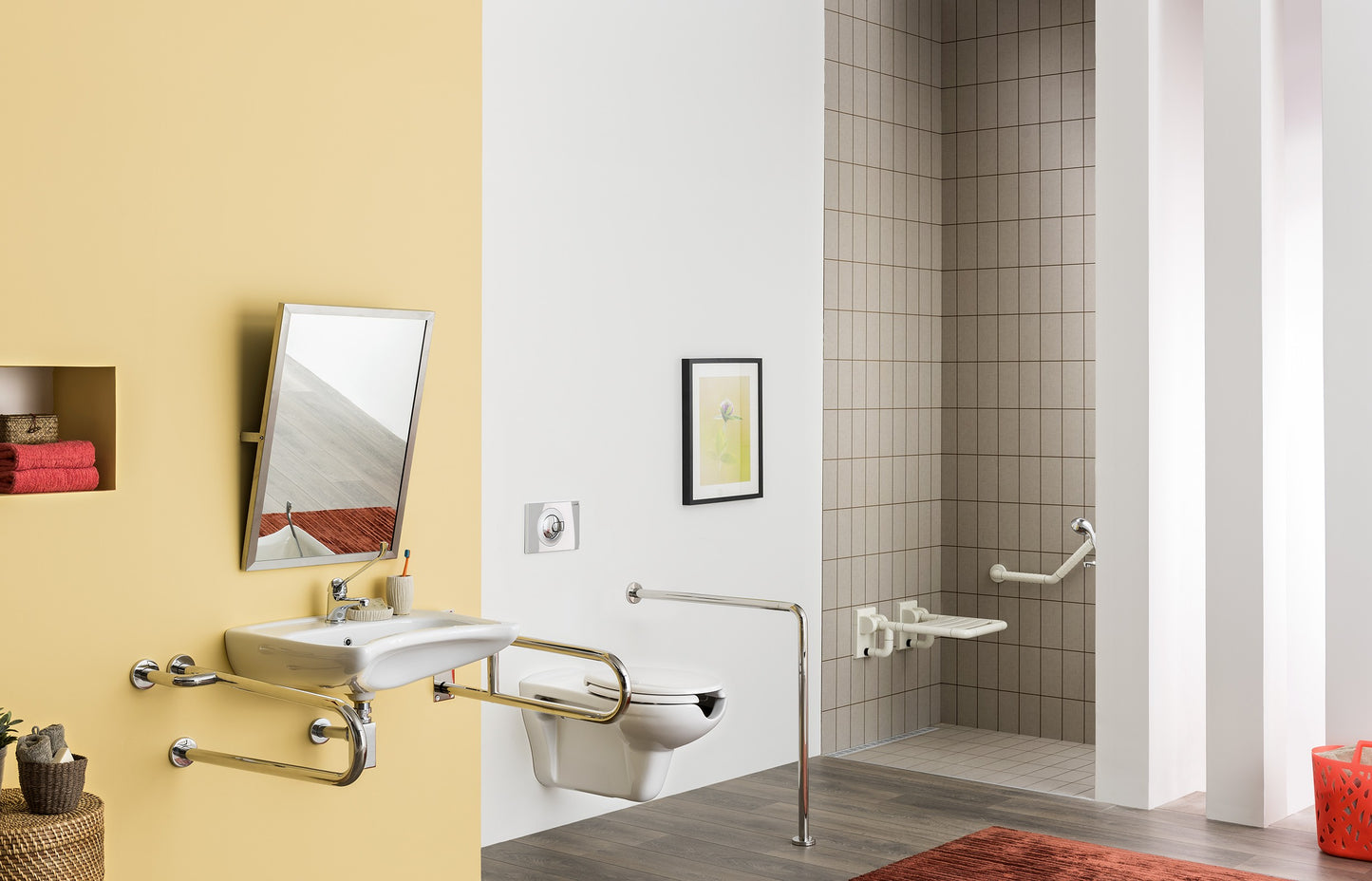 Ceramic washbasin, wall-mounted, with tap shelf - for people with reduced mobility