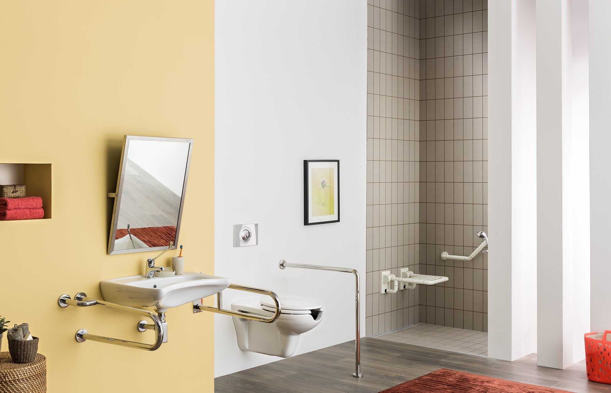 Ceramic washbasin, wall-mounted, with tap shelf - for people with reduced mobility