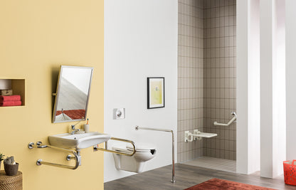 Ceramic washbasin, wall-mounted, with tap shelf - for people with reduced mobility