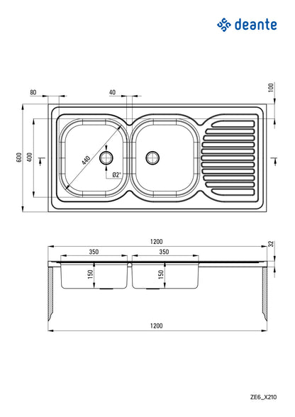 Steel sink, 2-bowl with drainer - lay-on