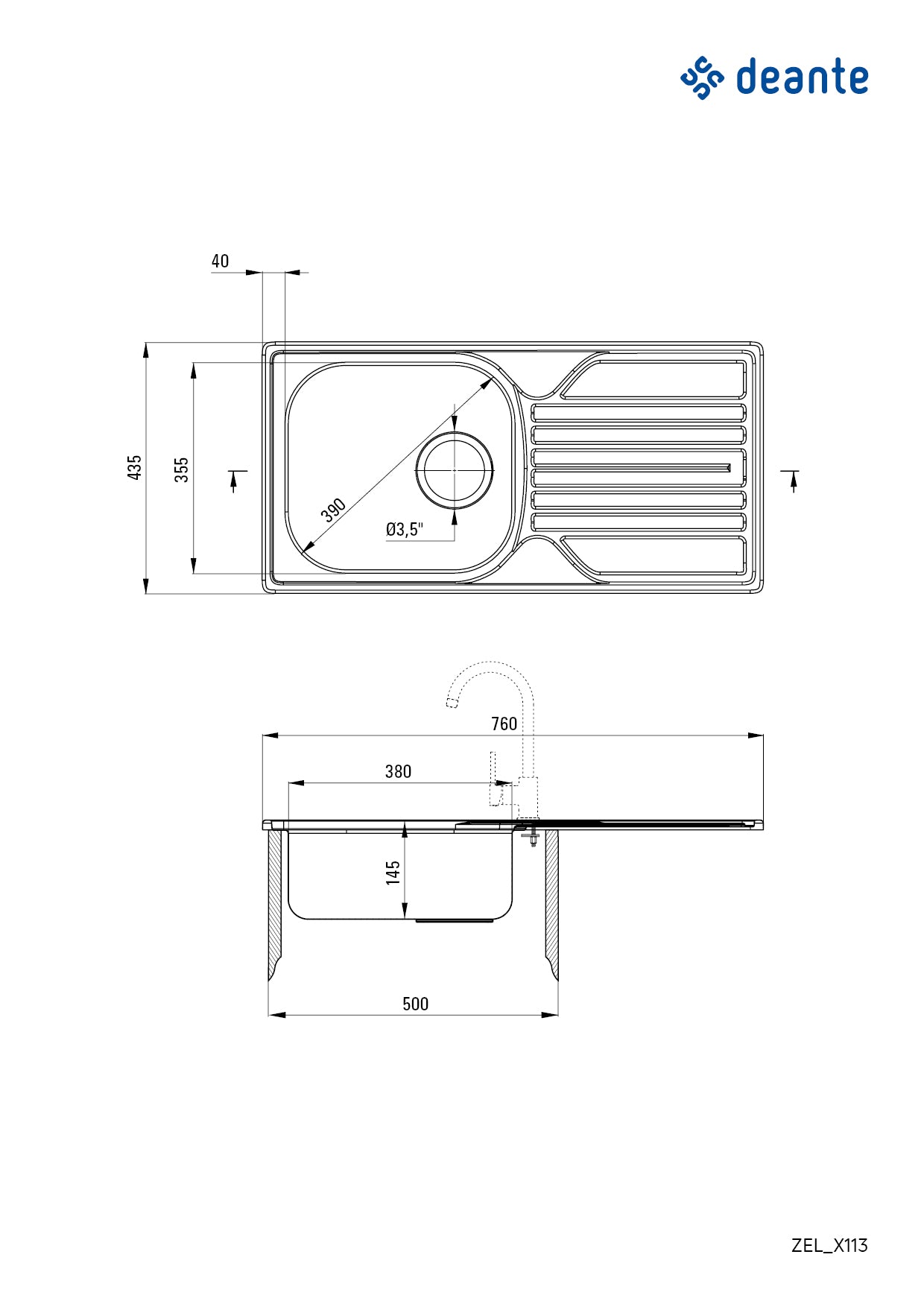 Steel sink, 1-bowl with drainer - 3.5" drain