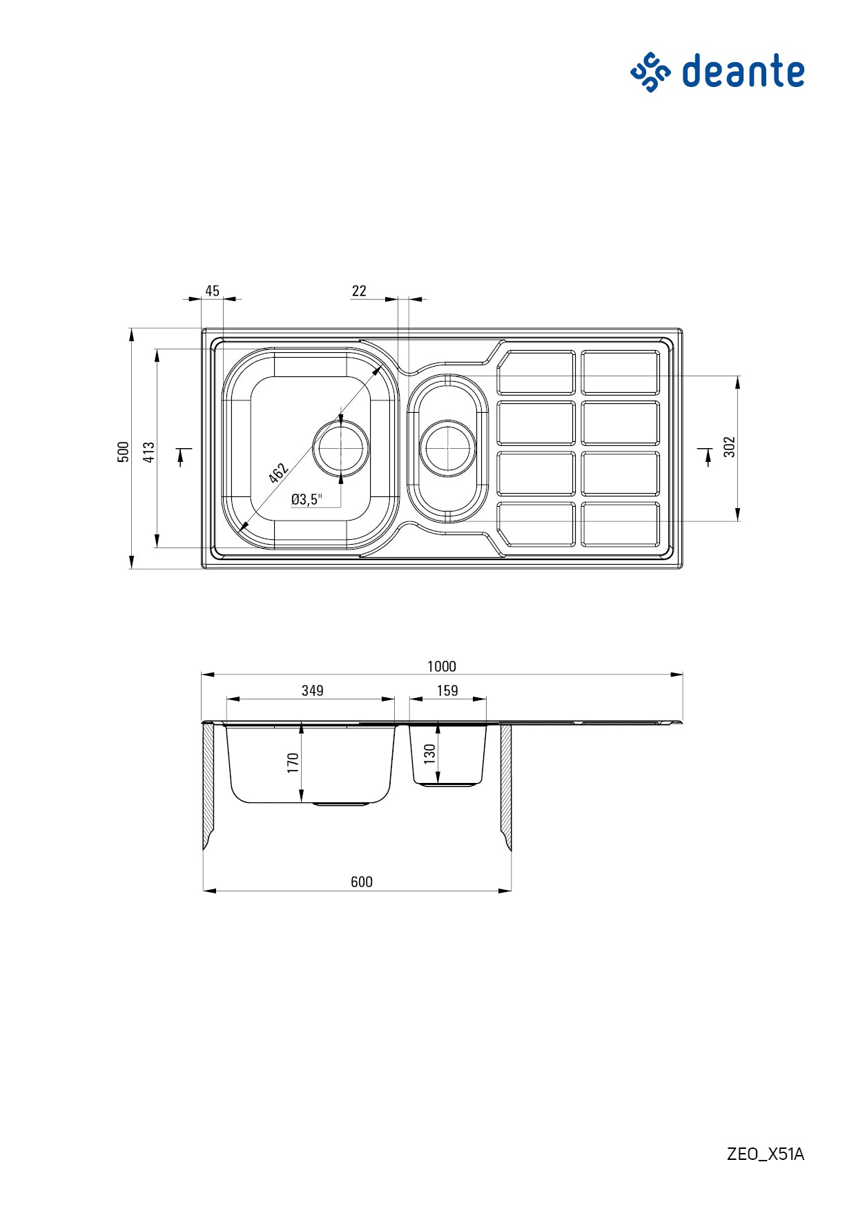 Steel sink, 1.5-bowl with drainer