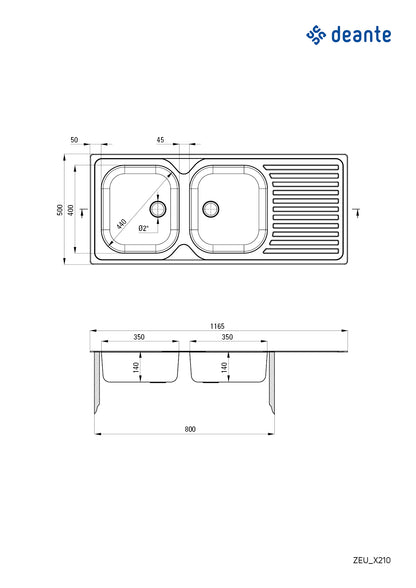 Steel sink, 2-bowl with drainer