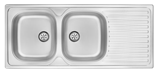 Steel sink, 2-bowl with drainer
