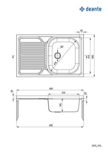 Steel sink, 1-bowl with drainer, on the left side - lay-on