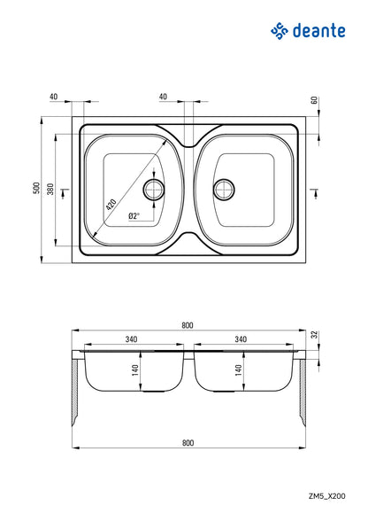 Steel sink, 2-bowl - lay-on