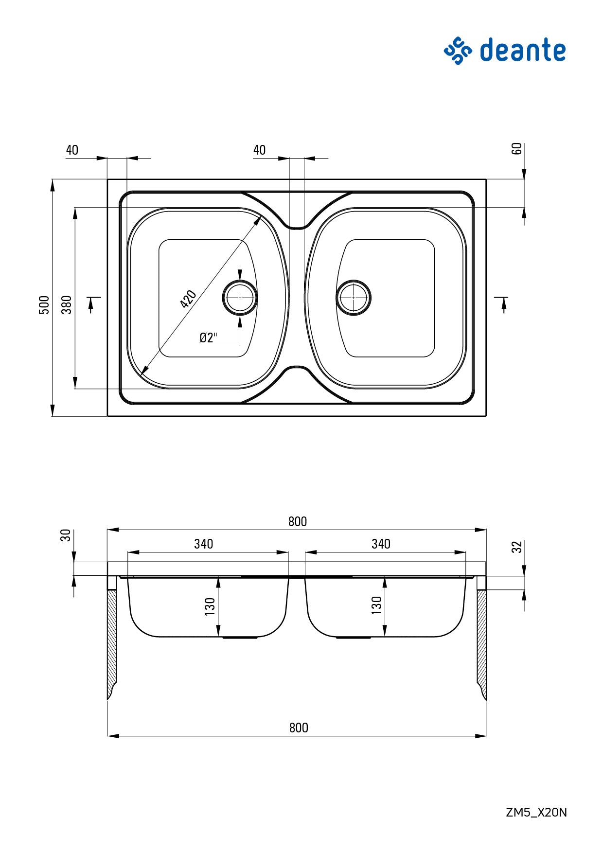 Steel sink, 2-bowl - lay-on