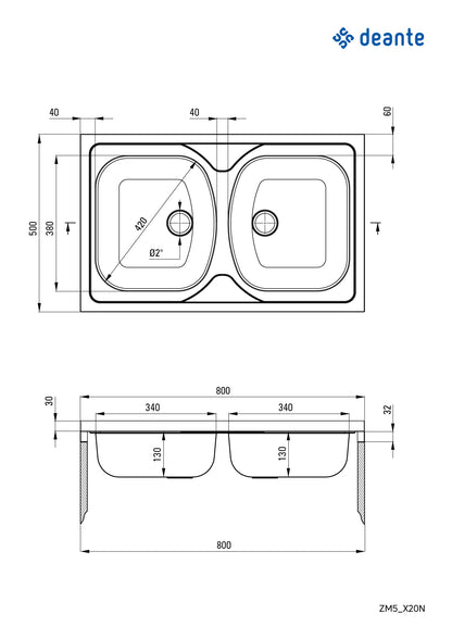 Steel sink, 2-bowl - lay-on