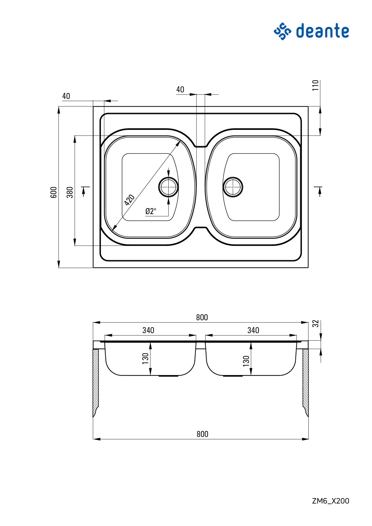 Steel sink, 2-bowl - lay-on