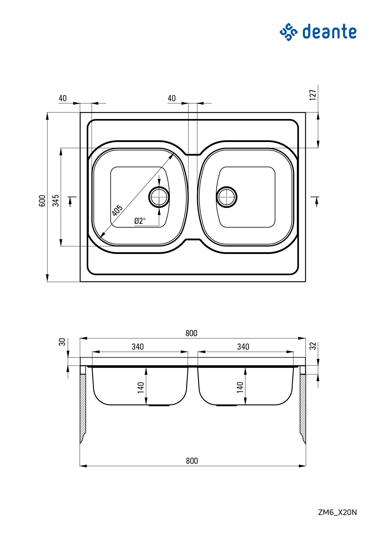 Steel sink, 2-bowl - lay-on