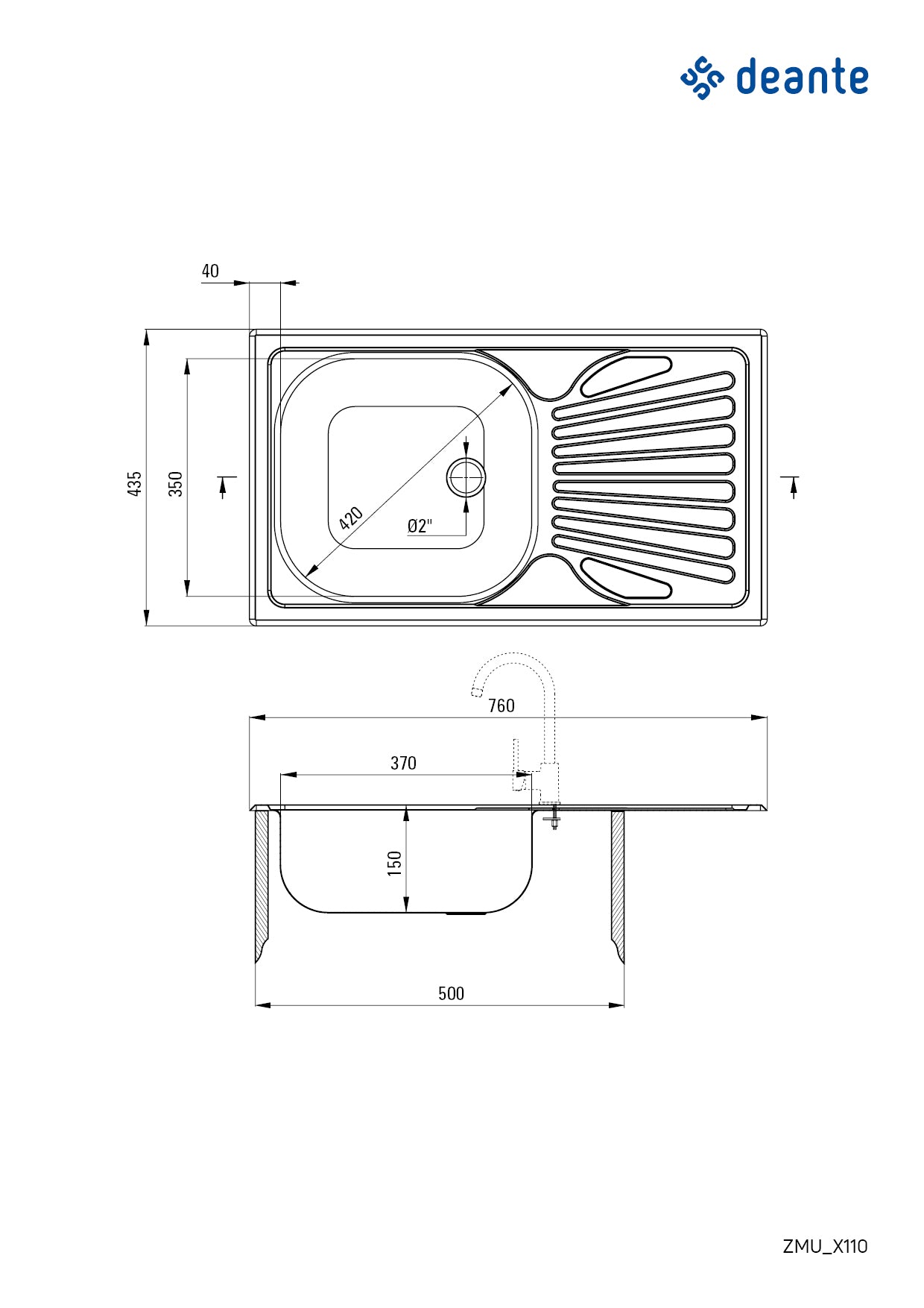 Steel sink, 1-bowl with drainer