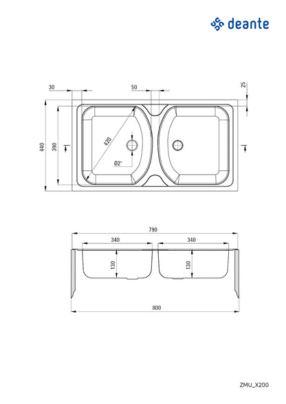 Steel sink, 2-bowl