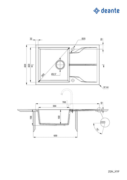 Granite sink, 1-bowl with drainer - flush-mounted