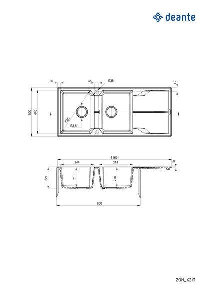 Granite sink, 2-bowl with drainer