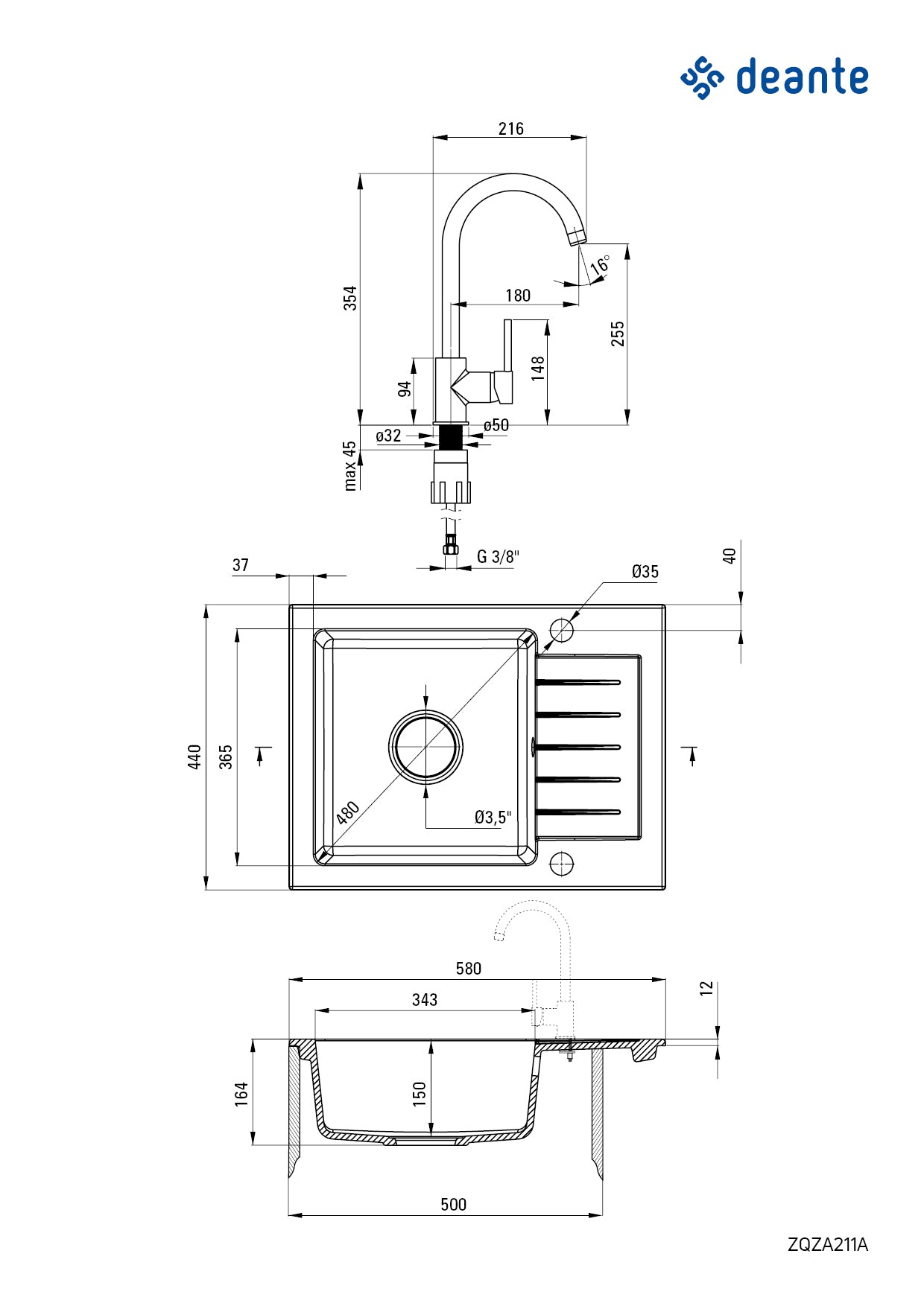 Granite sink with tap, 1-bowl with drainer