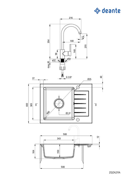 Granite sink with tap, 1-bowl with drainer