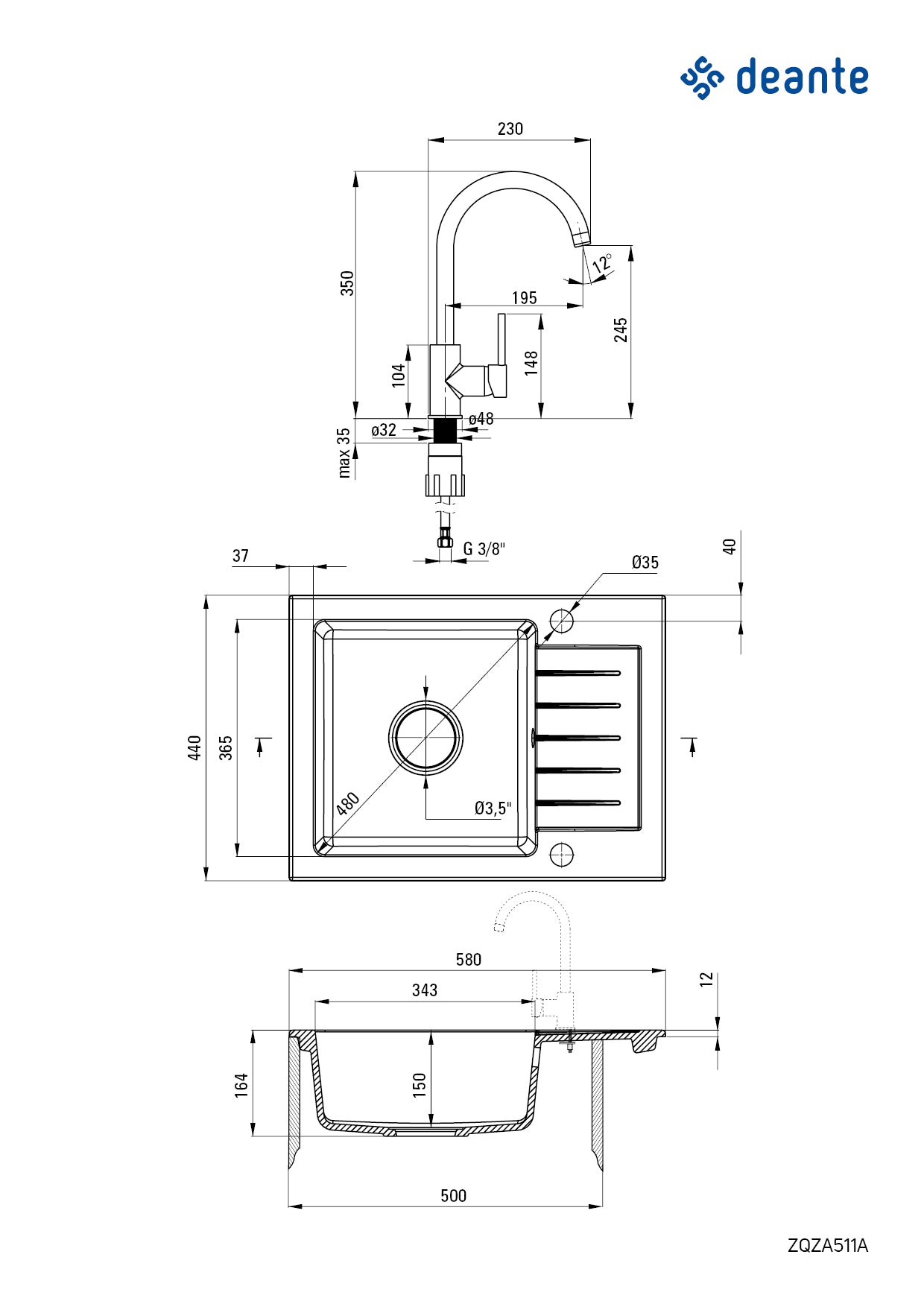 Granite sink with tap, 1-bowl with drainer