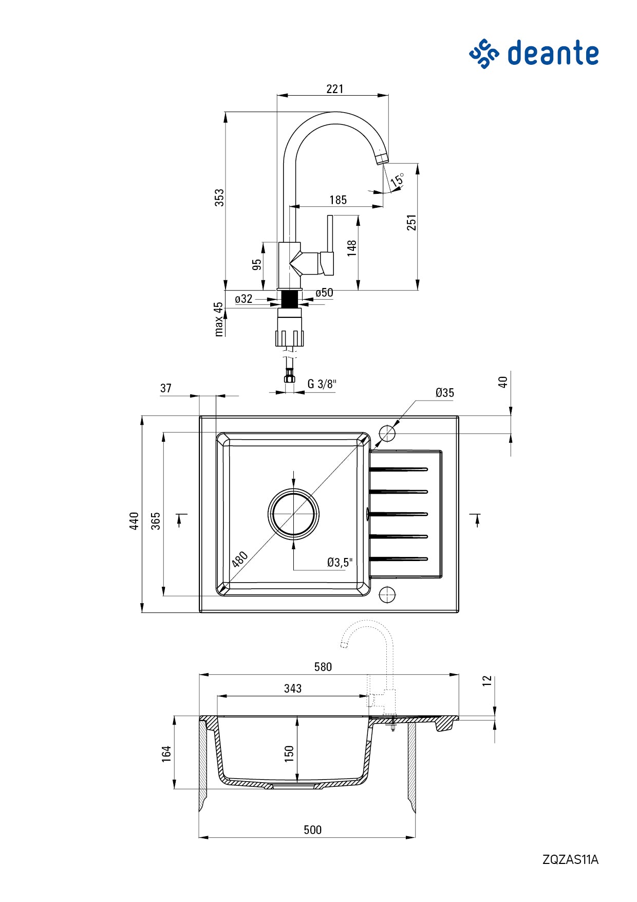 Granite sink with tap, 1-bowl with drainer
