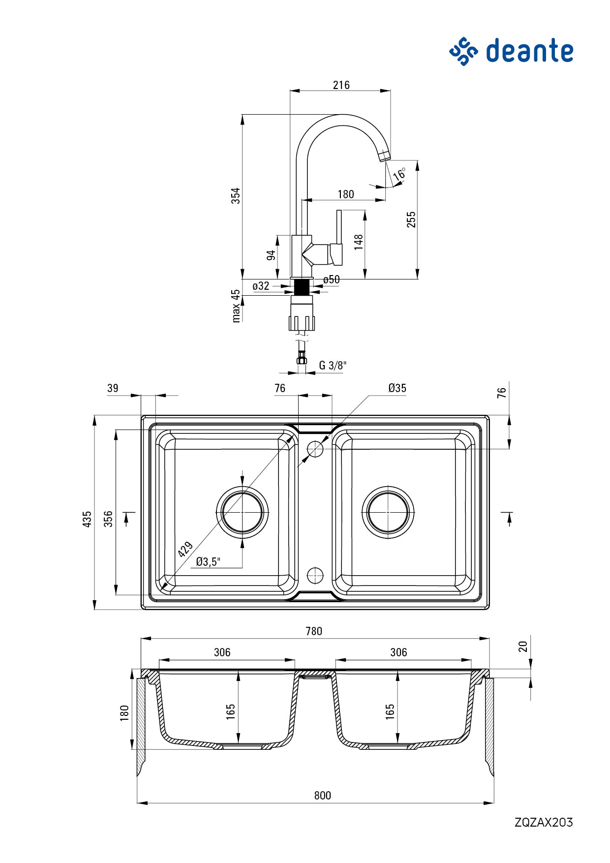 Granite sink with tap, 2-bowl