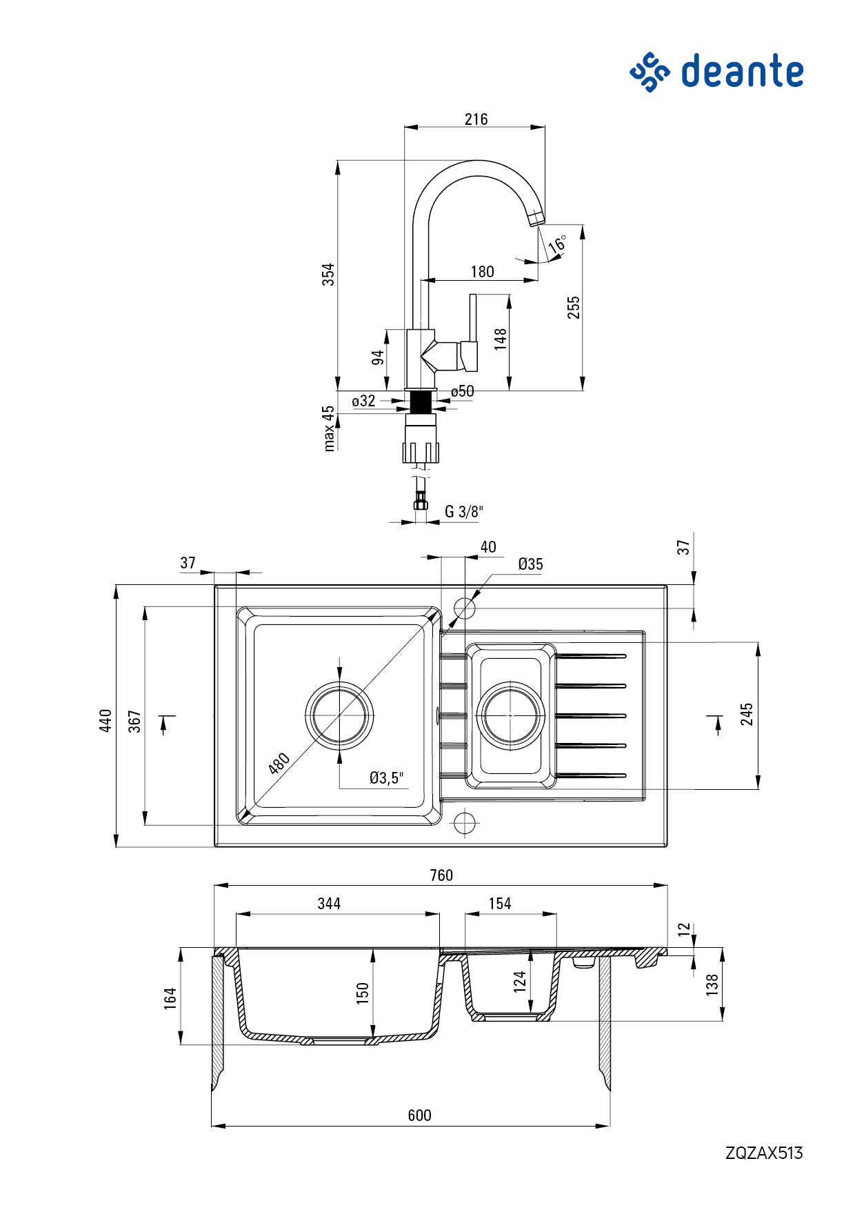 Granite sink with tap, 1.5-bowl with drainer