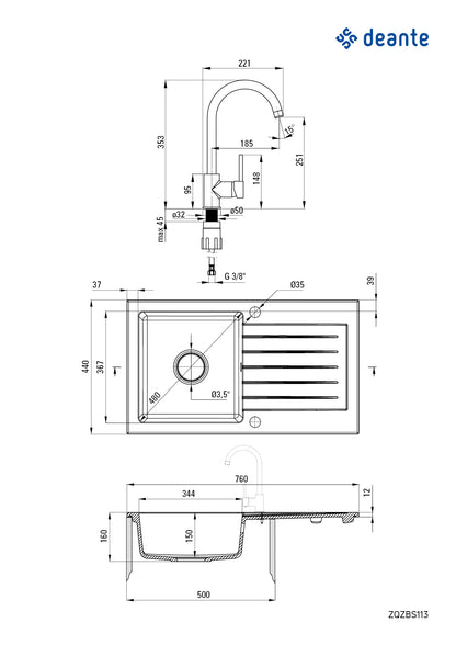 Granite sink with tap, 1-bowl with drainer