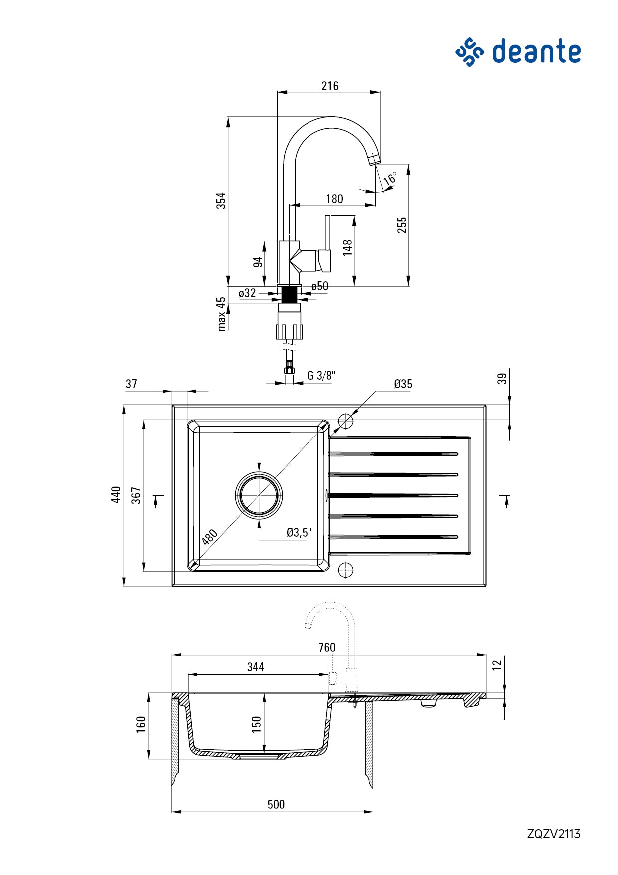 Granite sink with tap, 1-bowl with drainer