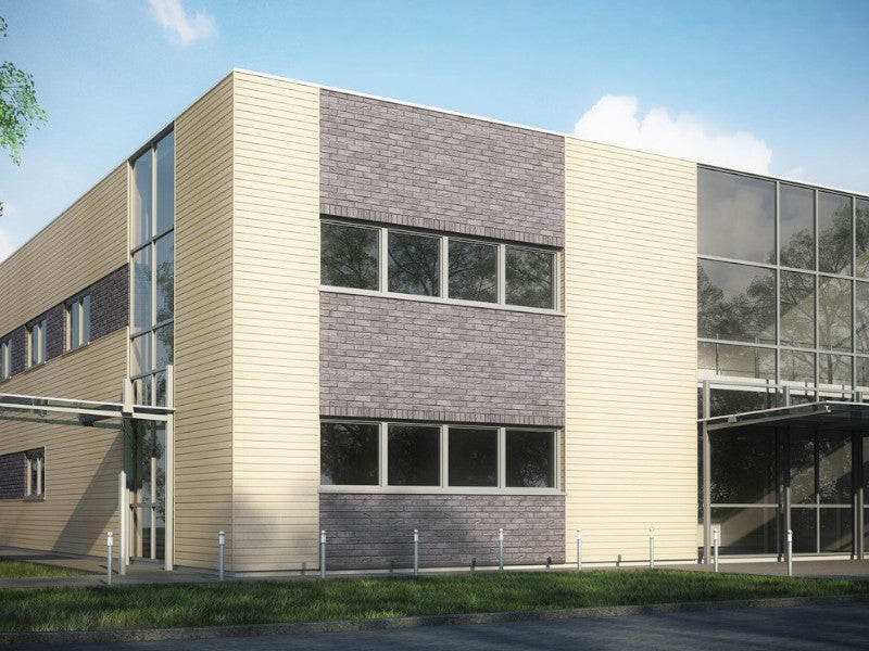 Building Cladded in Vox Max 3 Vinyl Siding, in Ash Timber effect