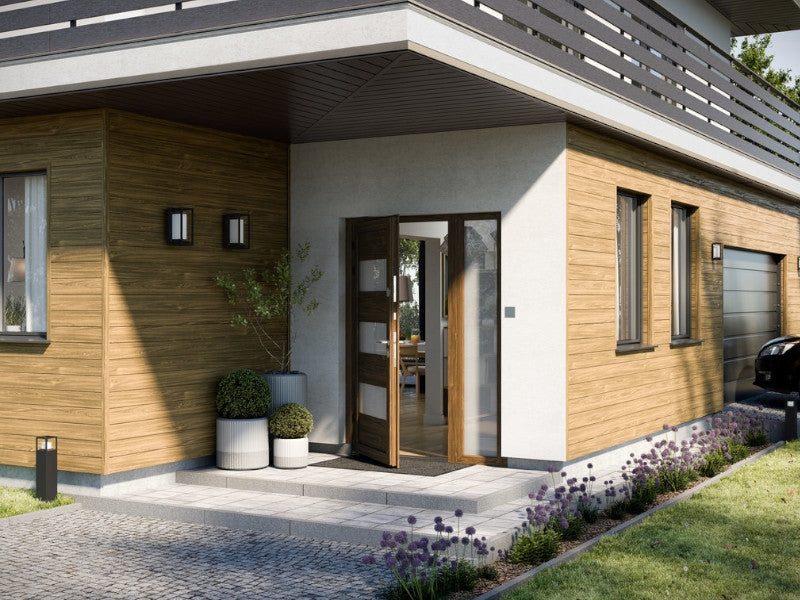 Exterior House Walls Cladding with Vox Max 3 Vinyl Siding Oak panels