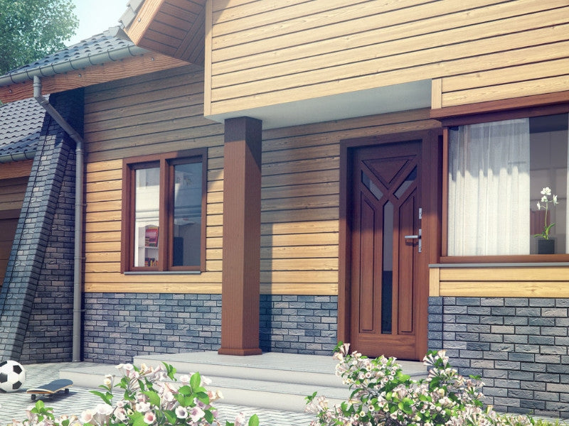 House Front Facade cladded in Oak Vox Max 3 Vinyl Siding External Wall Cladding